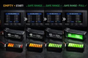 LiPo battery charging progression showing voltage stages from empty to full charge