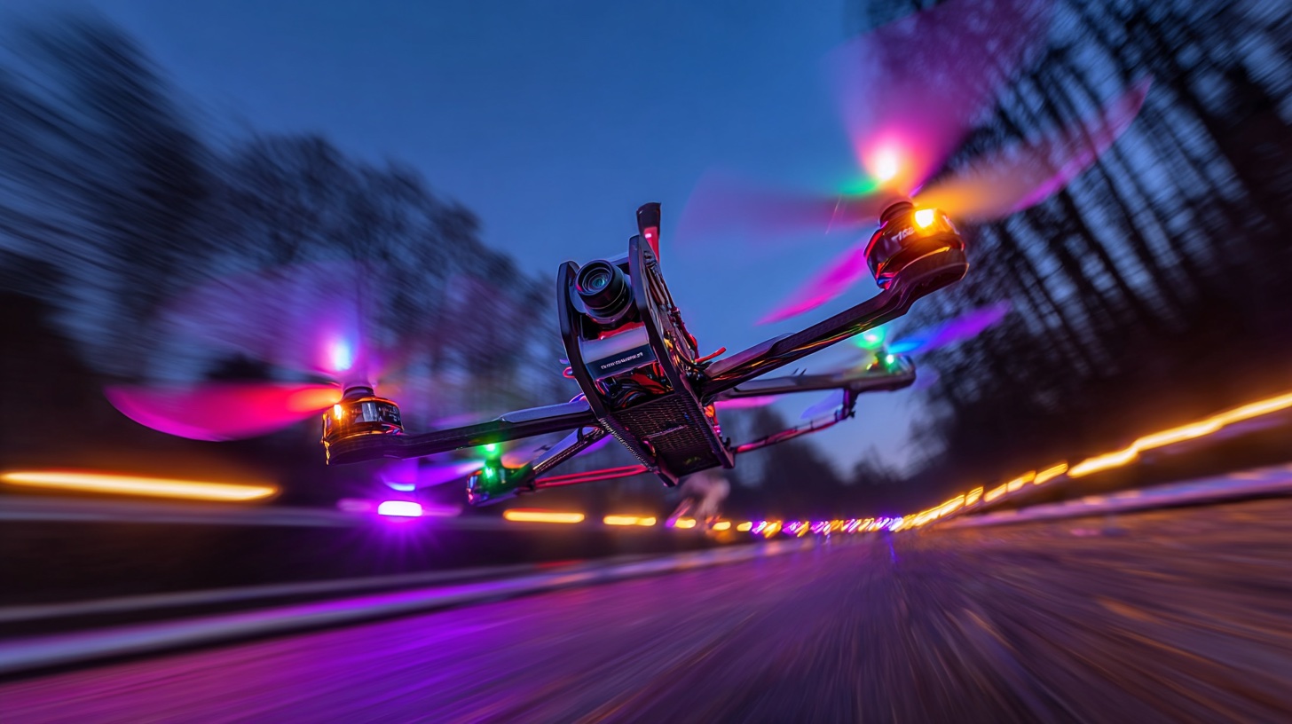 drone1 FPV racing drone flying through illuminated gate during drone racing competition