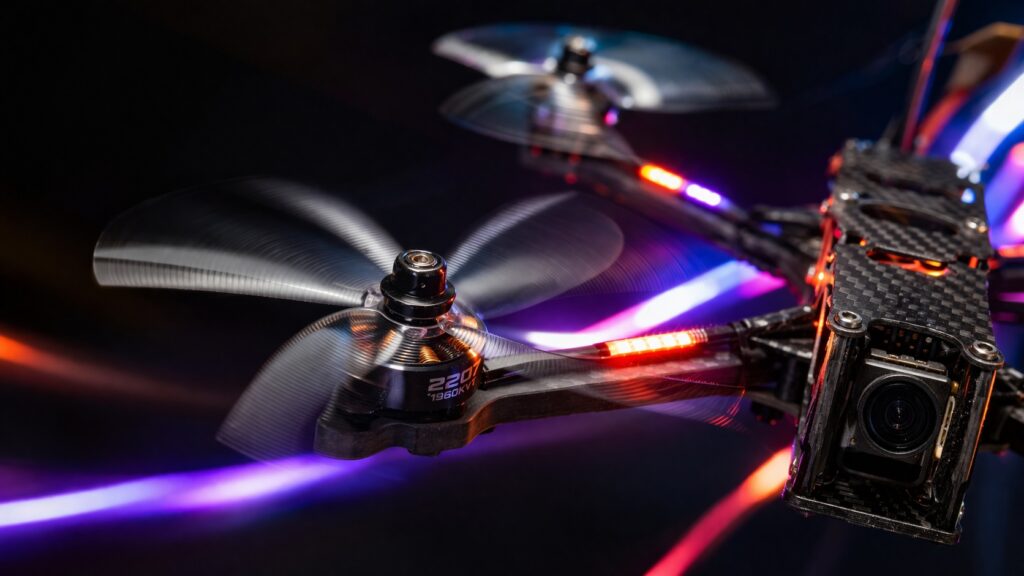 High-performance racing drone propellers captured in motion during flight