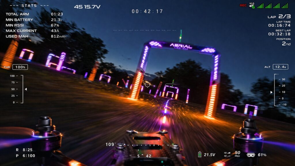 FPV pilot view through racing goggles showing drone racing course navigation