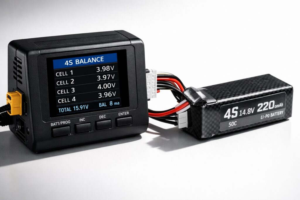 LiPo battery charging basics equipment showing modern charger with balance leads
