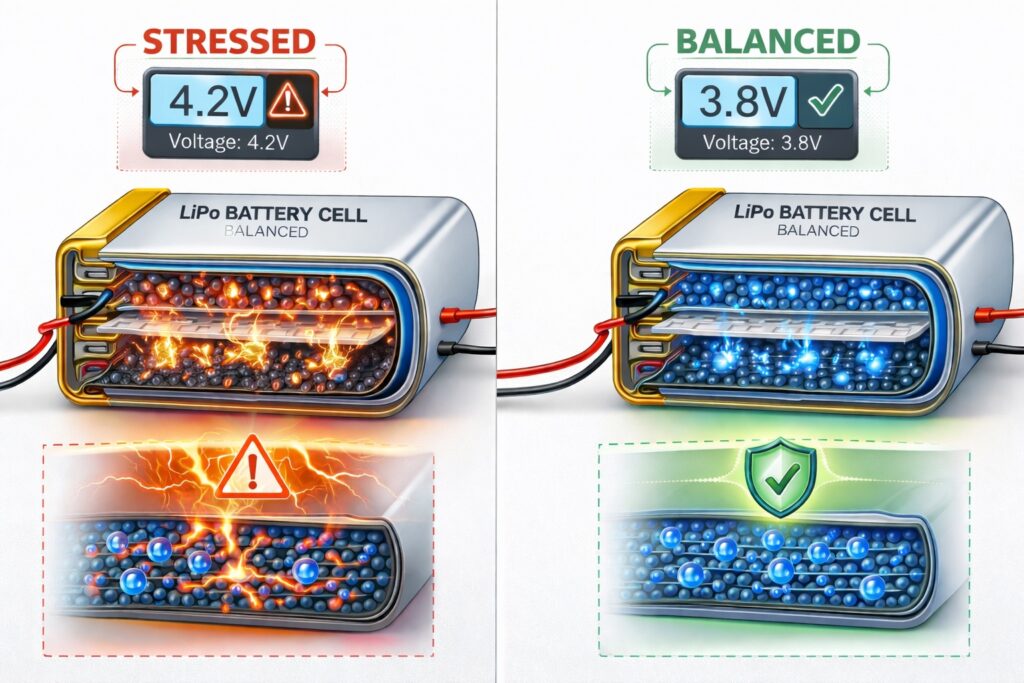 LiPo battery cell comparison showing storage voltage effects on internal structure