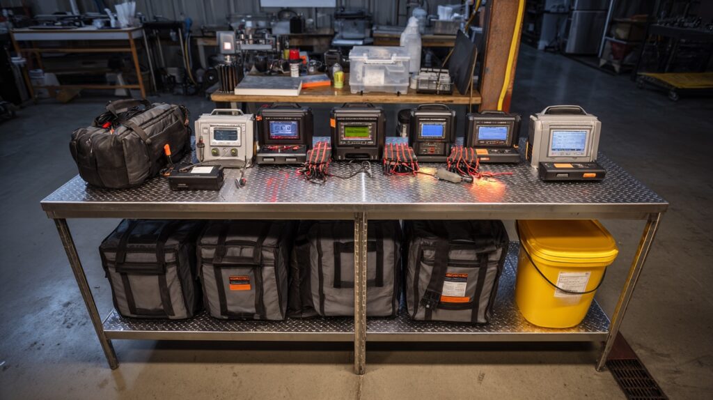 Professional LiPo battery charging safety setup with fireproof containers
