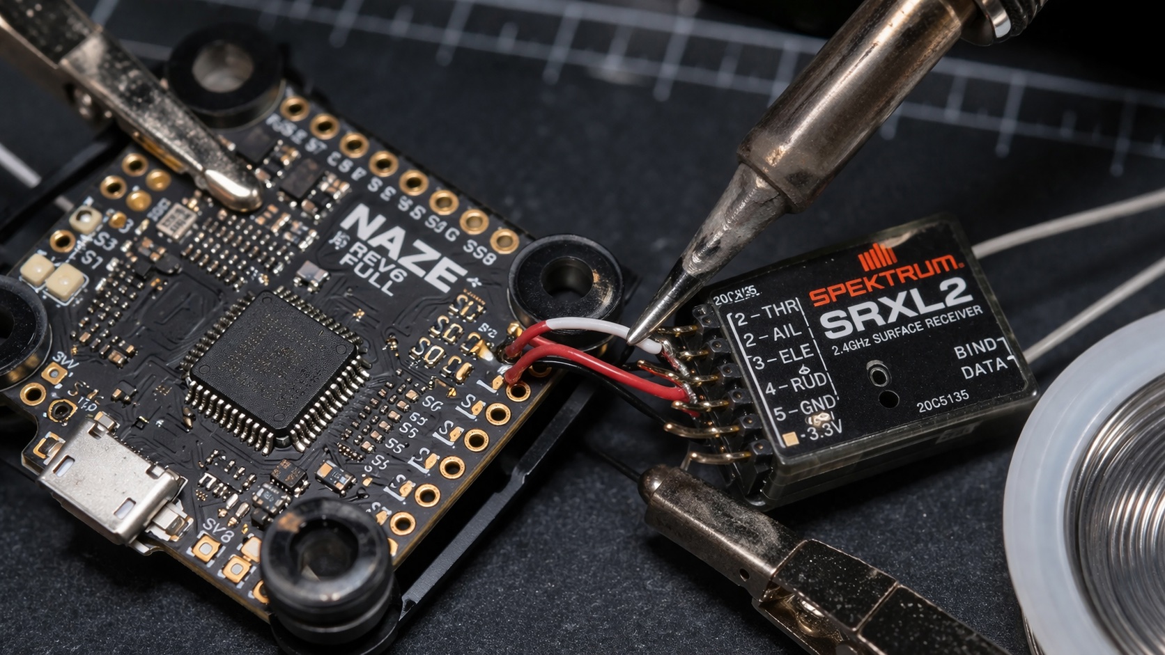spektrum1 Spektrum satellite installation on Naze Rev6 FC soldering process