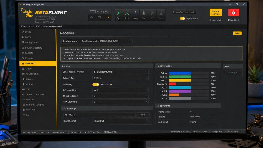 Betaflight configuration for spektrum satellite installation on naze rev6 fc