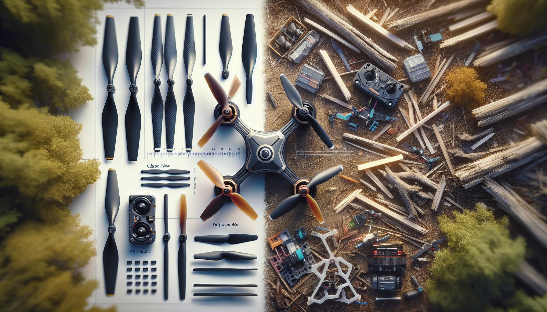 Miniquad propeller material comparison showing carbon fiber vs plastic durability
