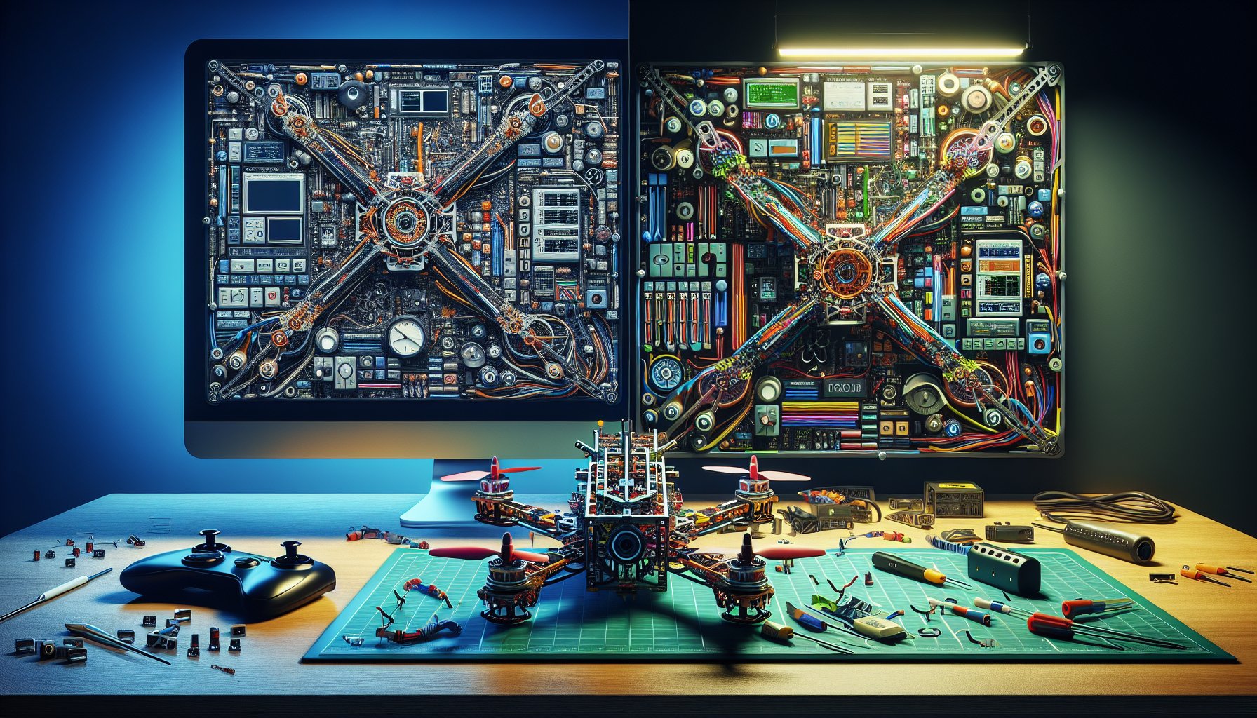 feature_dalle_30e3b436 BLHeli ESC configuration software interface next to FPV drone build