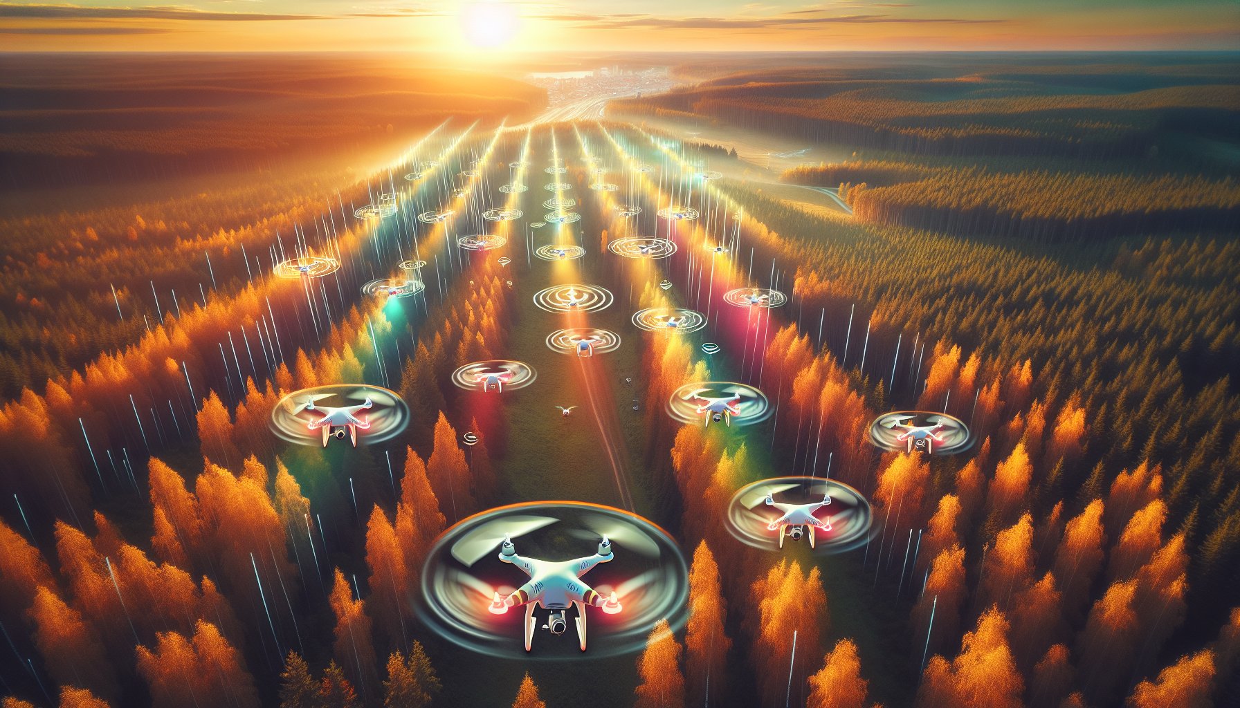 feature_dalle_5322b0d6 FPV drones racing with intermodulation distortion signal waves