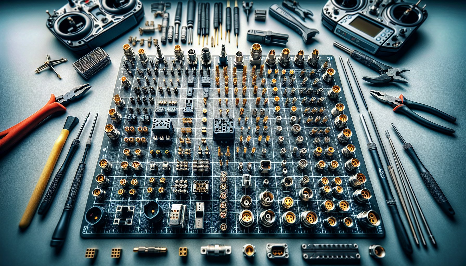 feature_dalle_5b3ad4ec Quadcopter connector guide showing XT60, JST, and SMA connectors for FPV drone builds