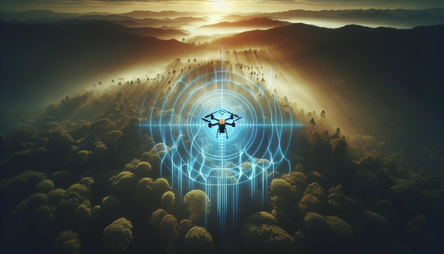 feature_dalle_9ad8a71d FPV drone understanding failsafe signal loss visualization above forest