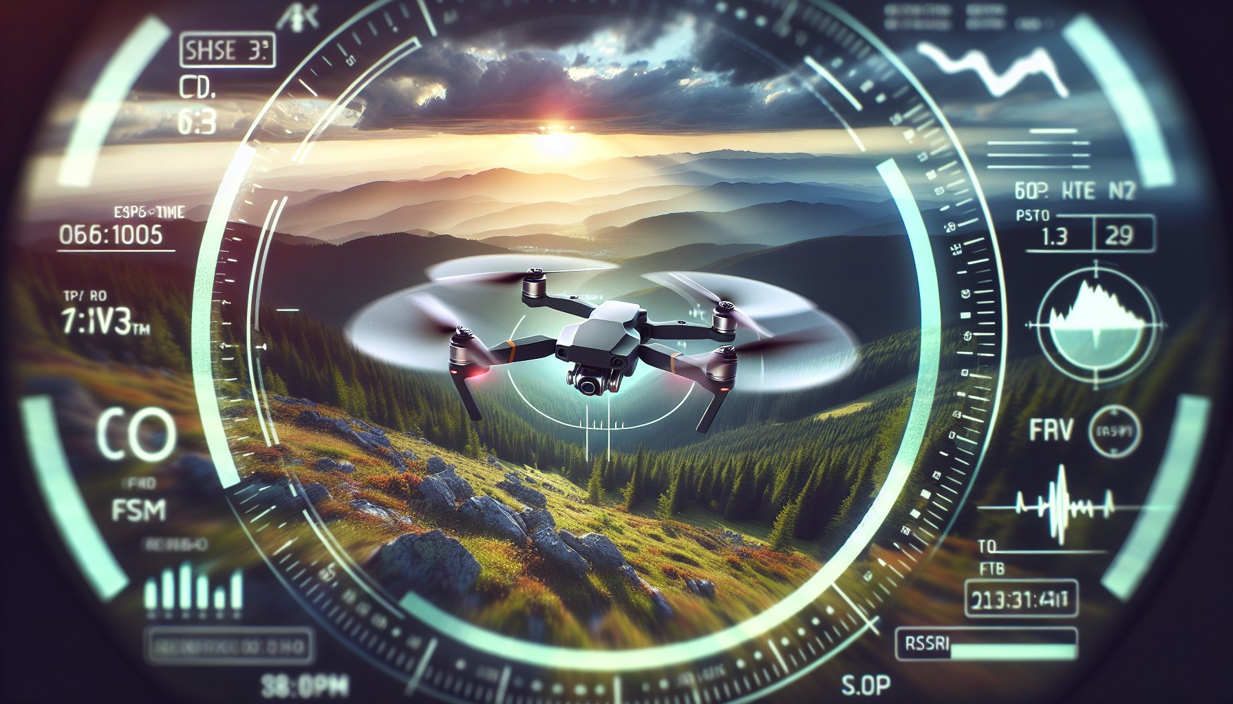 feature_dalle_d4bcd738 FPV drone in flight with Betaflight OSD setup guide overlay
