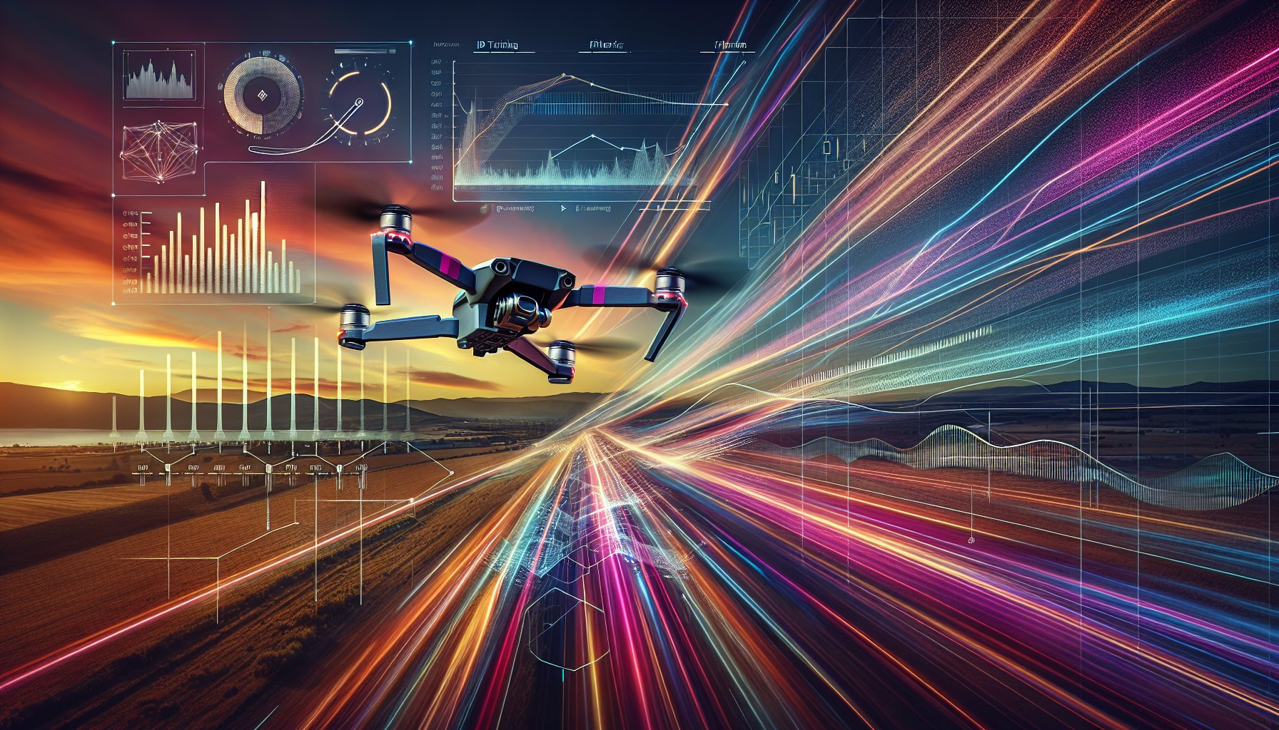 FPV racing drone in flight with PID tuning data overlay visualization