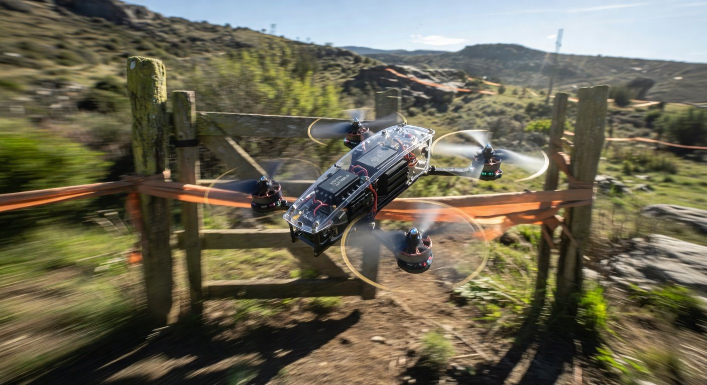 FPV racing drone with Tattu 30A ESCs flying through race course at high speed