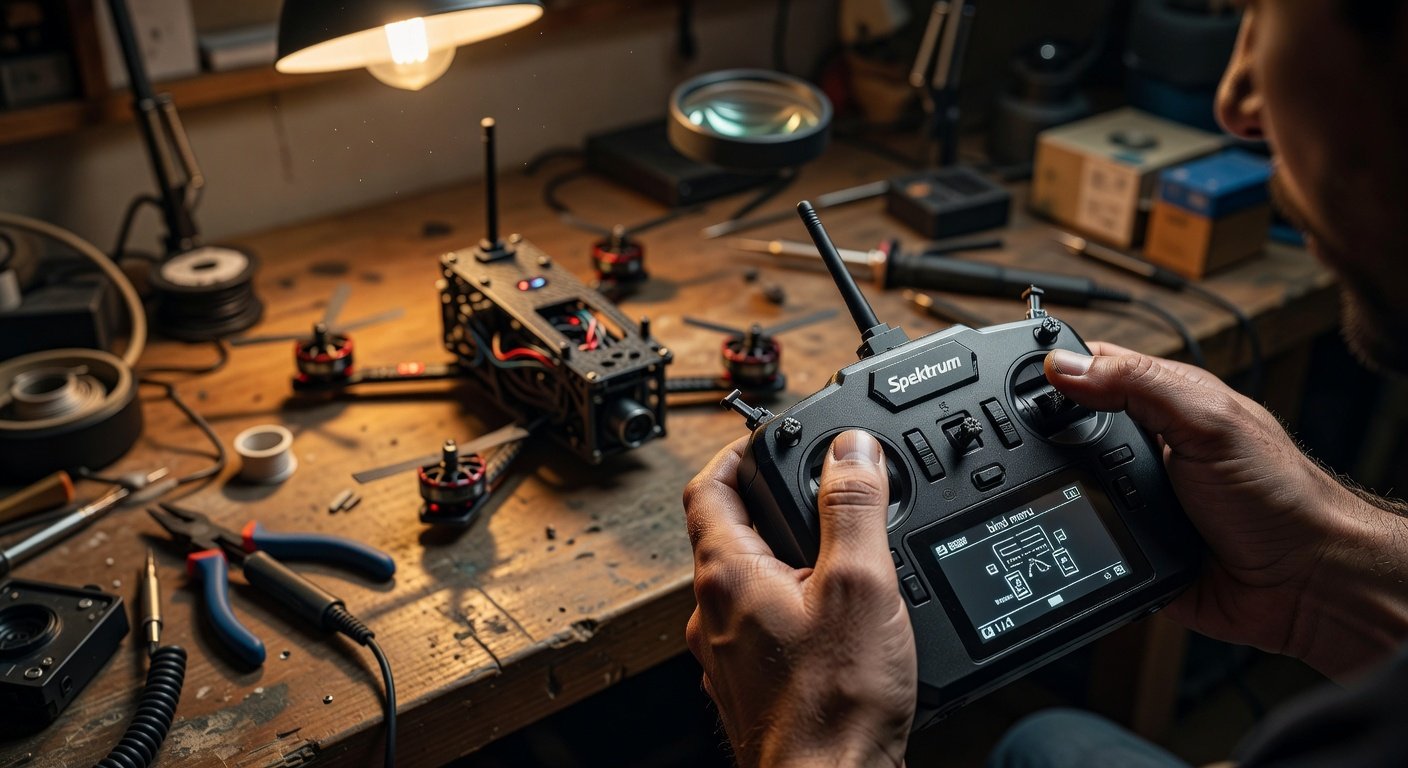 Spektrum transmitter binding process with FPV drone receiver setup