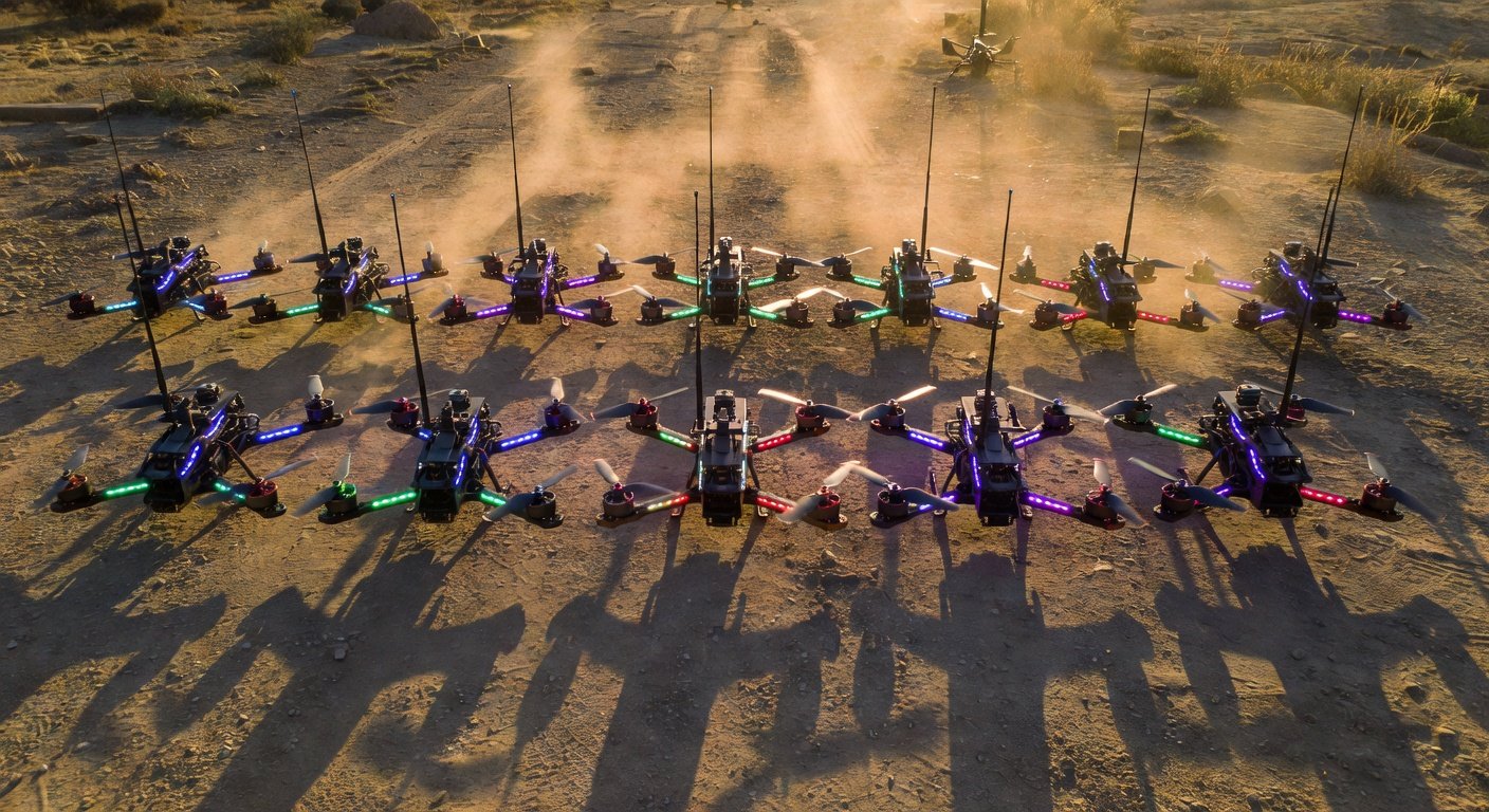 feature_grok_6364eb8e FPV racing drones with video frequency management setup on starting grid