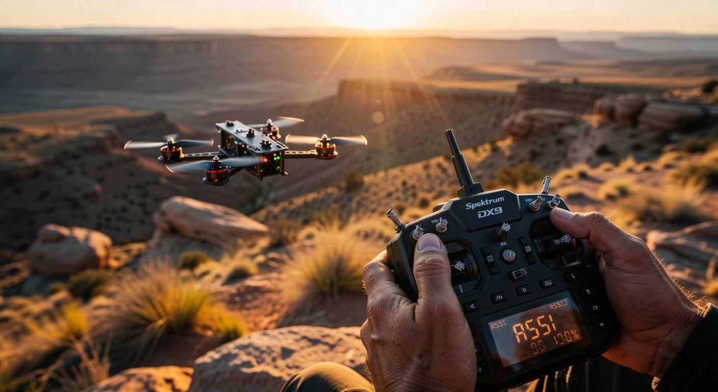 feature_grok_93ed54ae Spektrum transmitter showing RSSI telemetry data for FPV drone monitoring