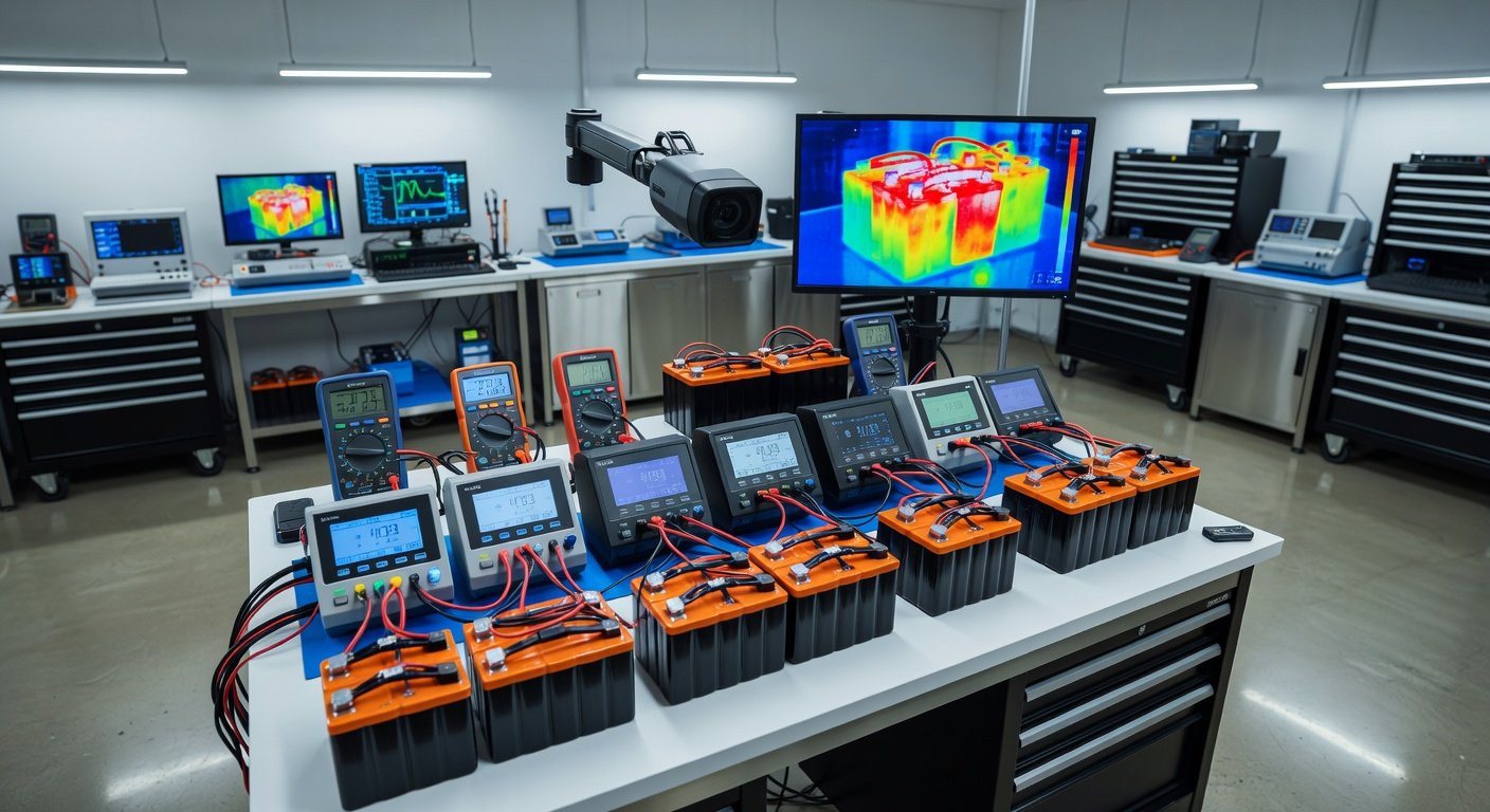 LiPo battery container testing setup with professional analyzers and thermal imaging