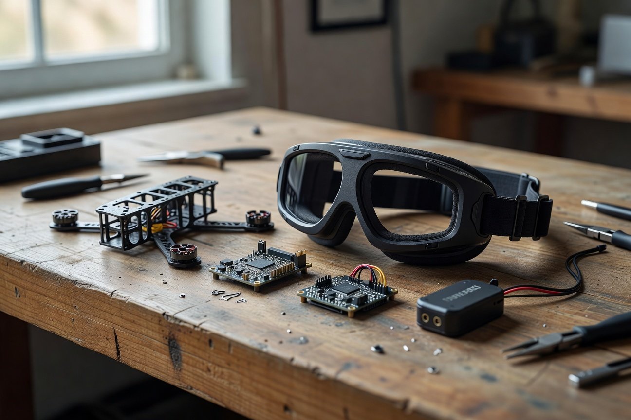 feature_grok_0f792425 HDZero Goggle 2 FPV goggles on workbench with quad components and transmitter module