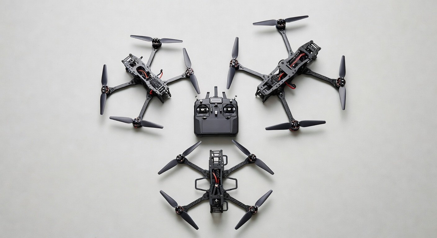 RadioMaster TX16S transmitter with racing, long-range, and freestyle FPV quad frames arranged to show platform versatility