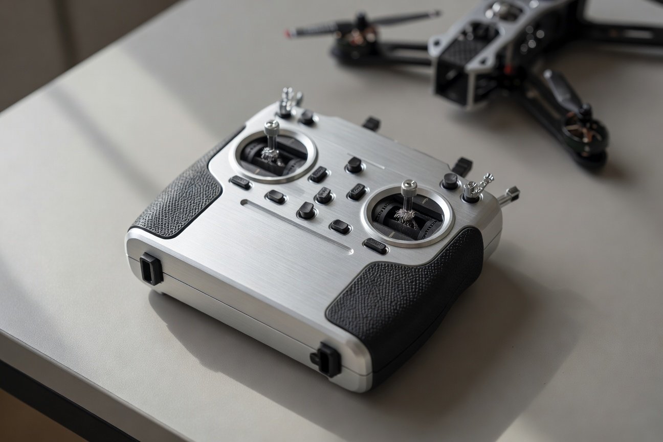 RadioMaster TX16S transmitter with gimbal sticks and button layout visible, photographed in natural light