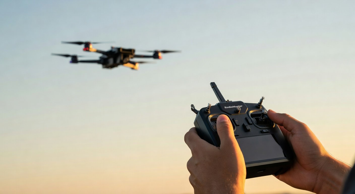feature_grok_4a7854d4 RadioMaster Boxer FPV transmitter held in pilot hands with racing quad in flight background