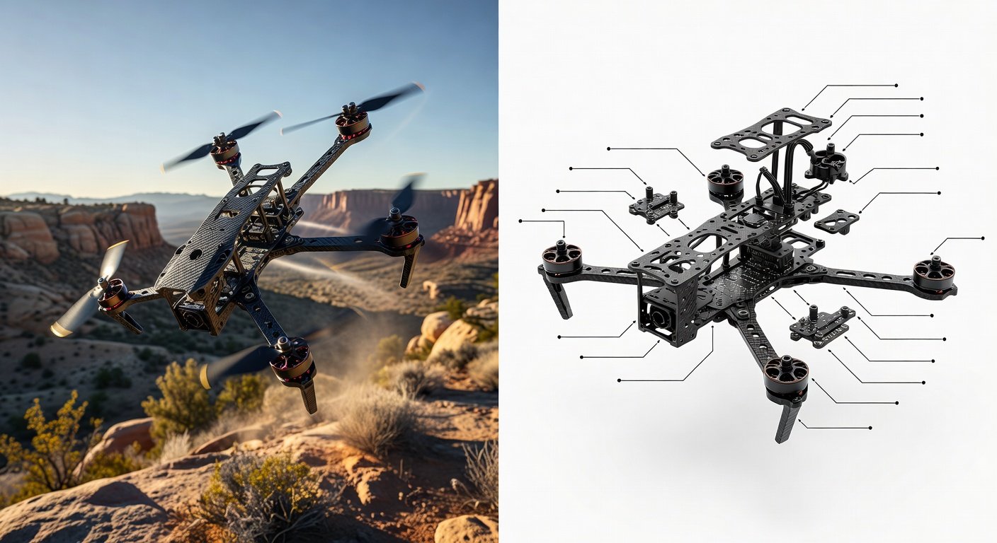 feature_grok_5f90273b Racing drone frame exploded diagram showing carbon fiber construction and component layout