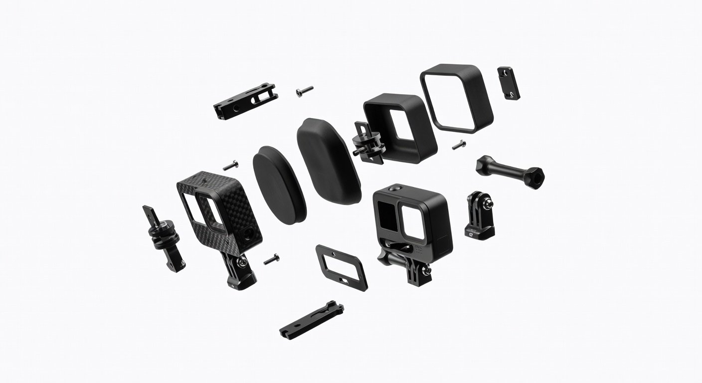 Exploded view of cinewhoop camera mount with TPU dampeners and adjustment system