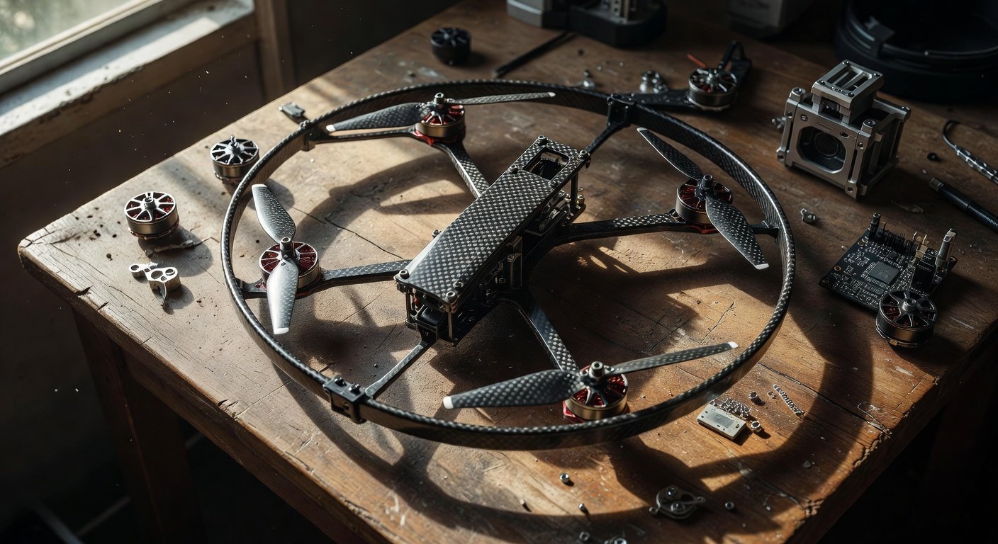 feature_grok_8eb9141f Cinewhoop drone with ducted propellers and build components on workshop table