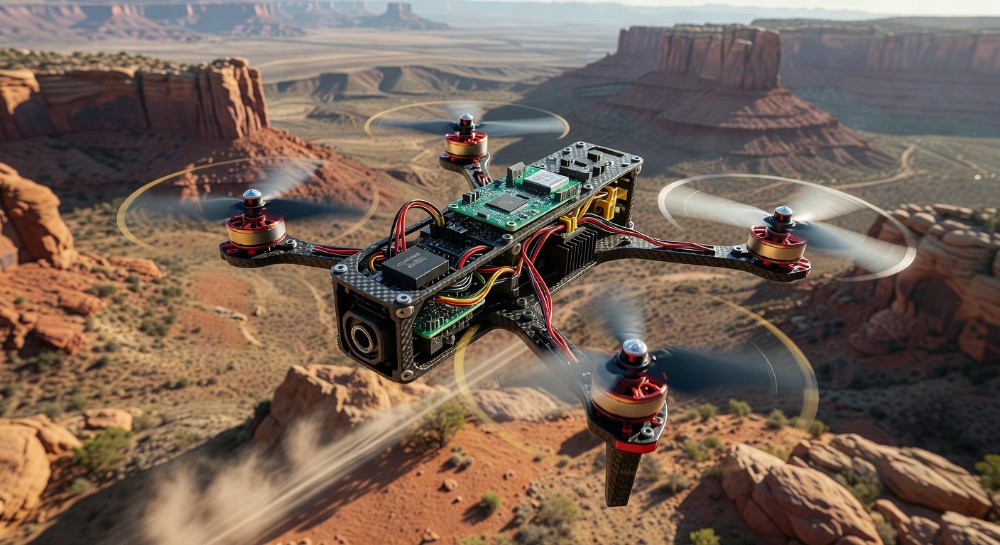 Racing drone frame cross-section showing component stack layout and integration