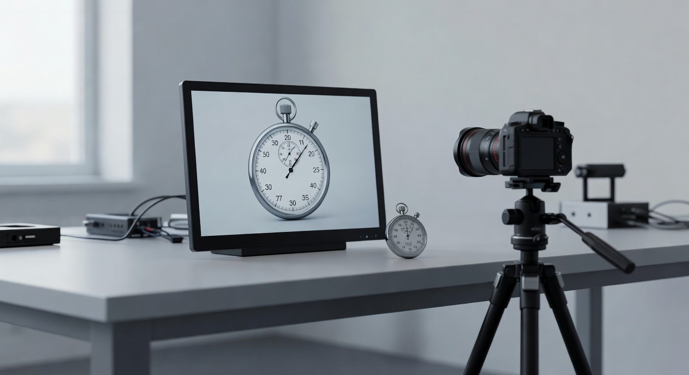 FPV latency testing setup with high-speed camera and reference timer