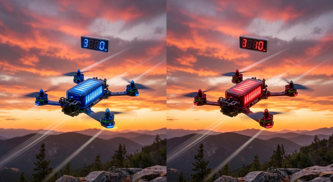 5S vs 4S LiPo battery comparison on FPV racing drones in flight