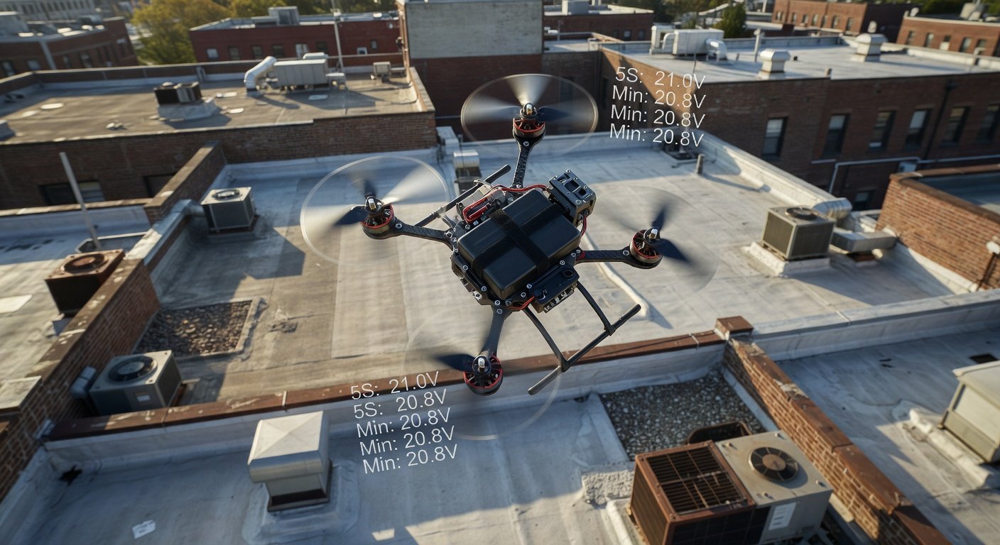 FPV drone performing power loop with 5S LiPo battery voltage stability display