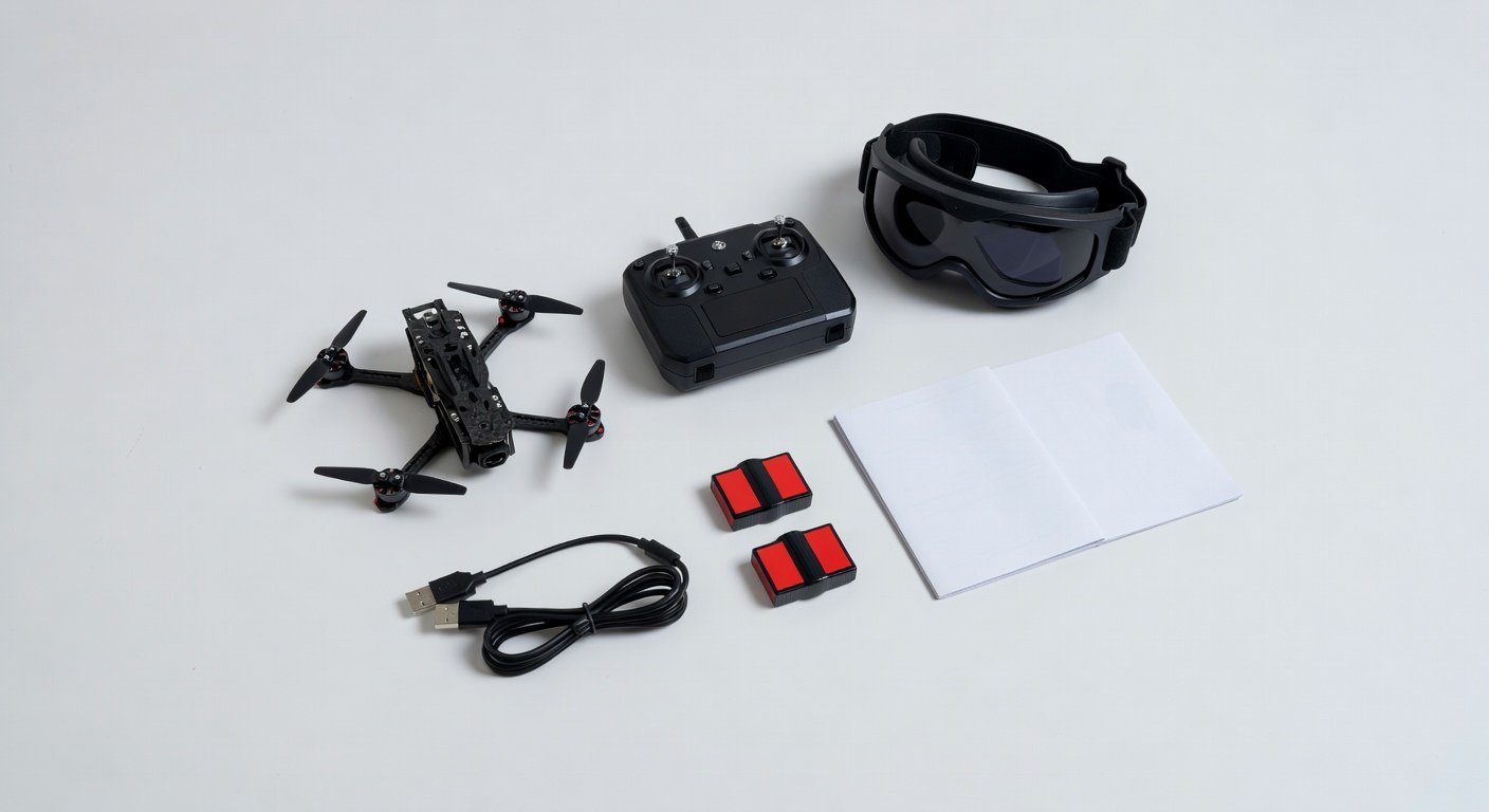 Complete FPV drone kit for beginners unboxed showing all included components
