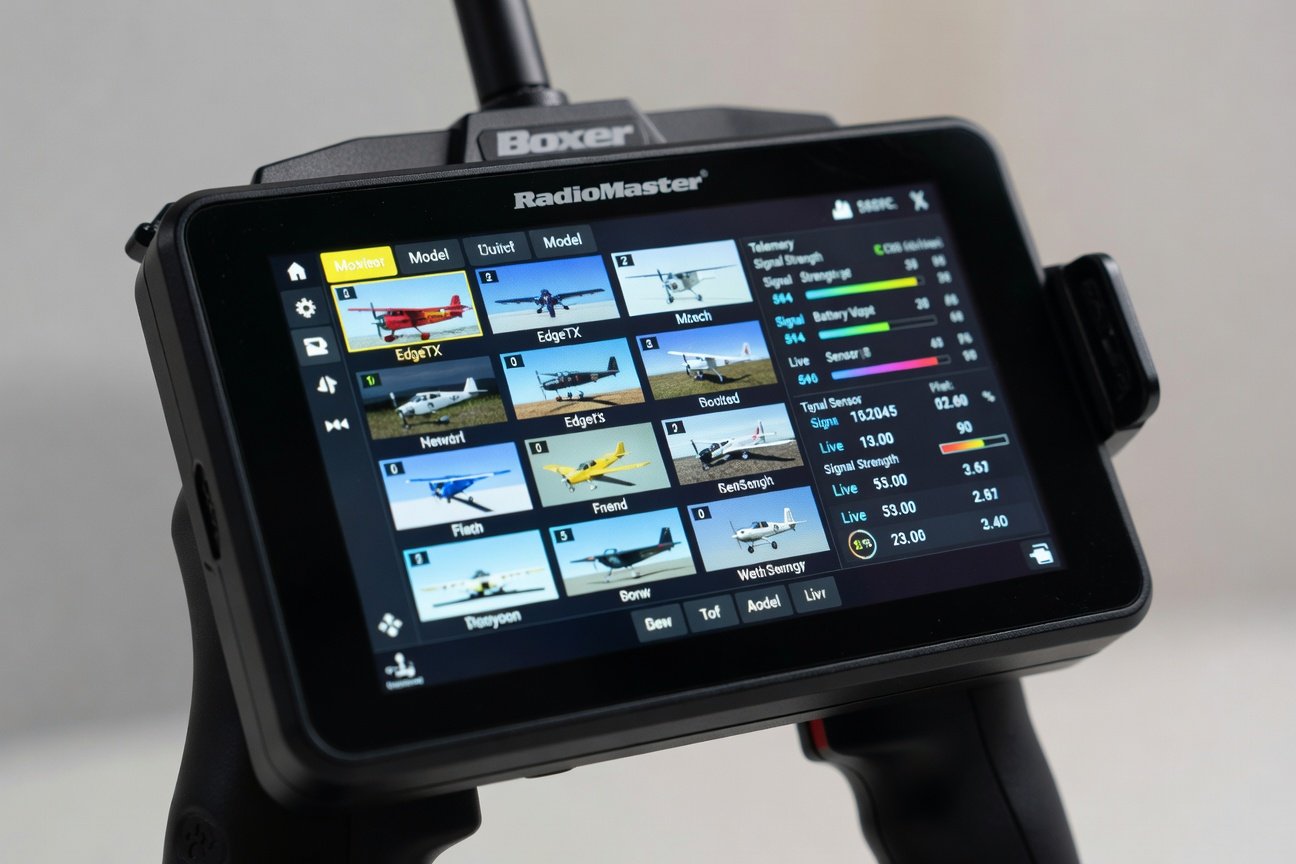 RadioMaster Boxer touchscreen displaying EdgeTX firmware menu interface