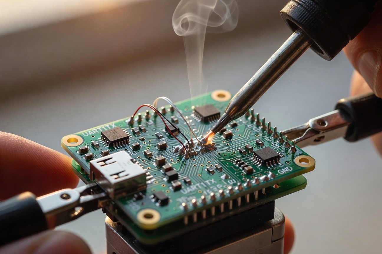 Soldering ELRS receiver to flight controller UART port during FPV quadcopter assembly