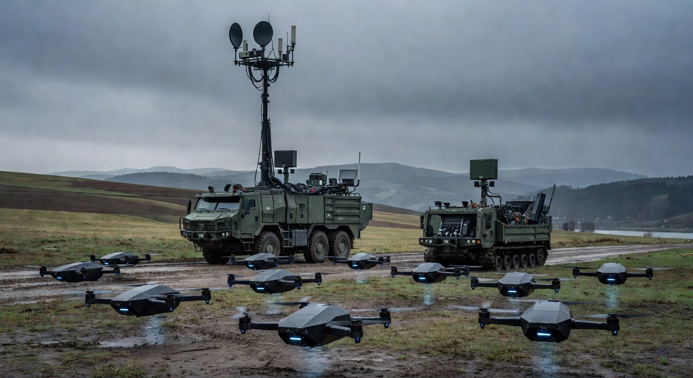 Image for: grok_image_117e0343.jpg Illustration of Germany's Cellular Drone Shield: Rheinmetall & Telekom Combine Tech