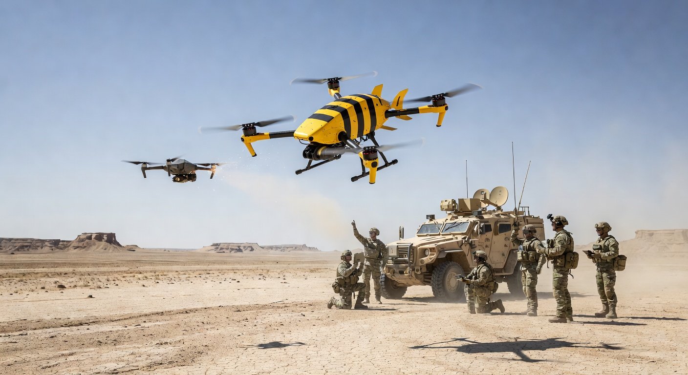 Image for: grok_image_14dd5488.jpg Illustration of Army's Bumblebee V1: FPV Drone-on-Drone Intercept & More
