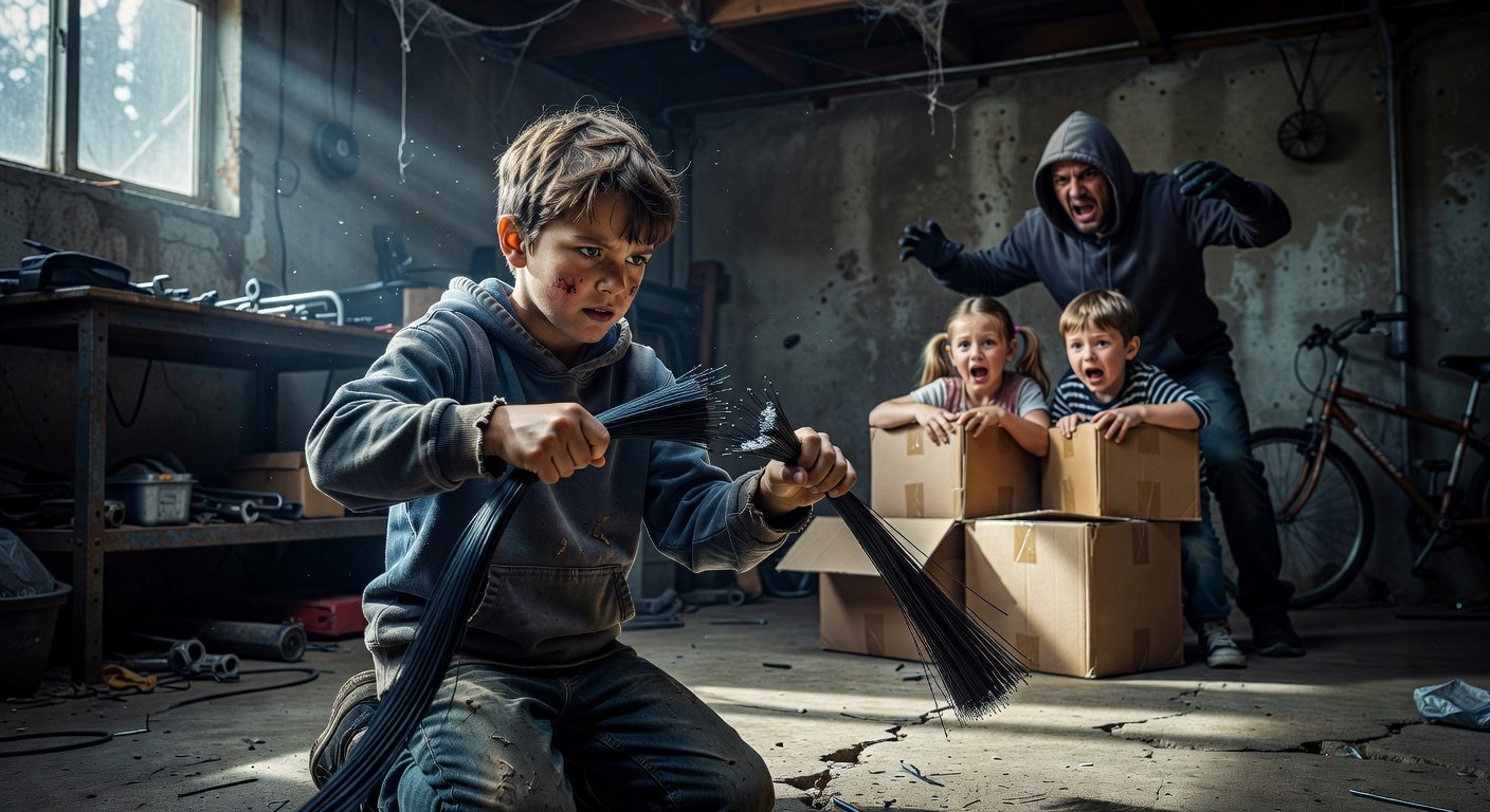 Image for: grok_image_3837318a.jpg Illustration of Kid Snaps Fiber FPV Cable, Halts Attack on Siblings
