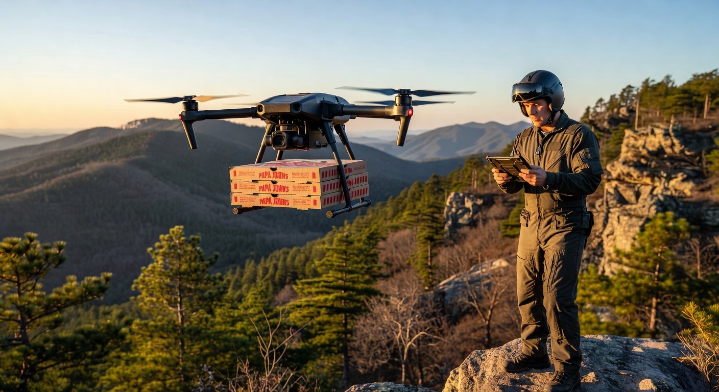 Image for: grok_image_c17cc3a8.jpg Illustration of Papa Johns Sandwiches Hit the Skies: Wing Drone Delivery Pilot in NC